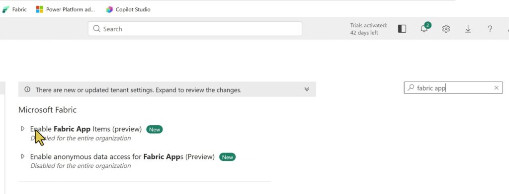 Fabric Apps tenant setting enabled in the Microsoft Fabric Admin portal