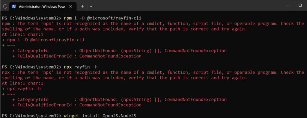 Successful installation of the Rayfin CLI in a local terminal after installing Node.js and npm