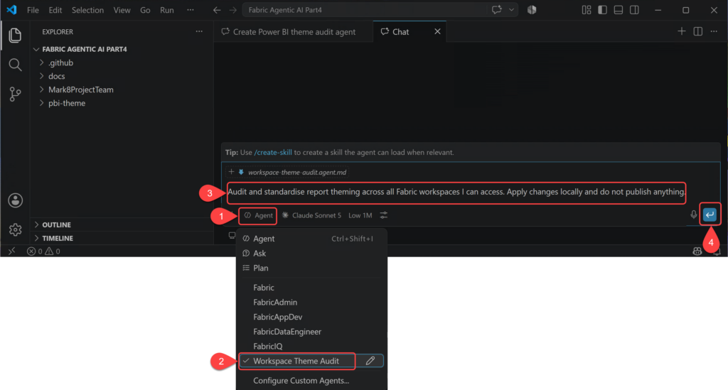 Selecting Workspace Theme Audit from the Agent drop-down in VS Code