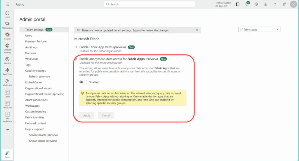 Fabric Admin Portal showing the anonymous data access setting for Fabric Apps disabled