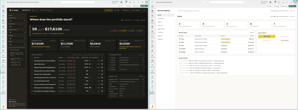 Portfolio Data App on the left and AdventureWorks Business App on the right