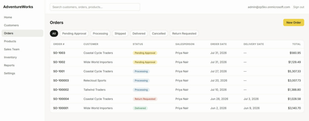 AdventureWorks sales orders, with products and inventory available in the navigation