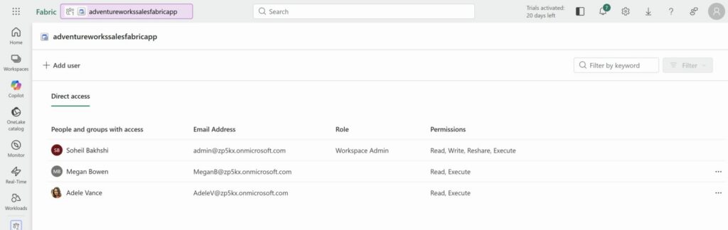Business App access page showing users with Read and Execute permissions