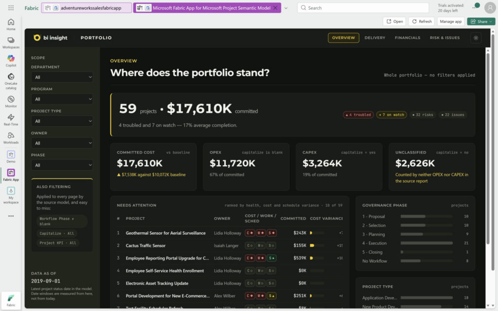 Portfolio Data App in dark mode, with page navigation, slicers and portfolio measures