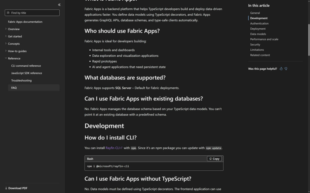 Microsoft Learn FAQ explaining why Fabric Apps cannot use an existing database with a predefined schema