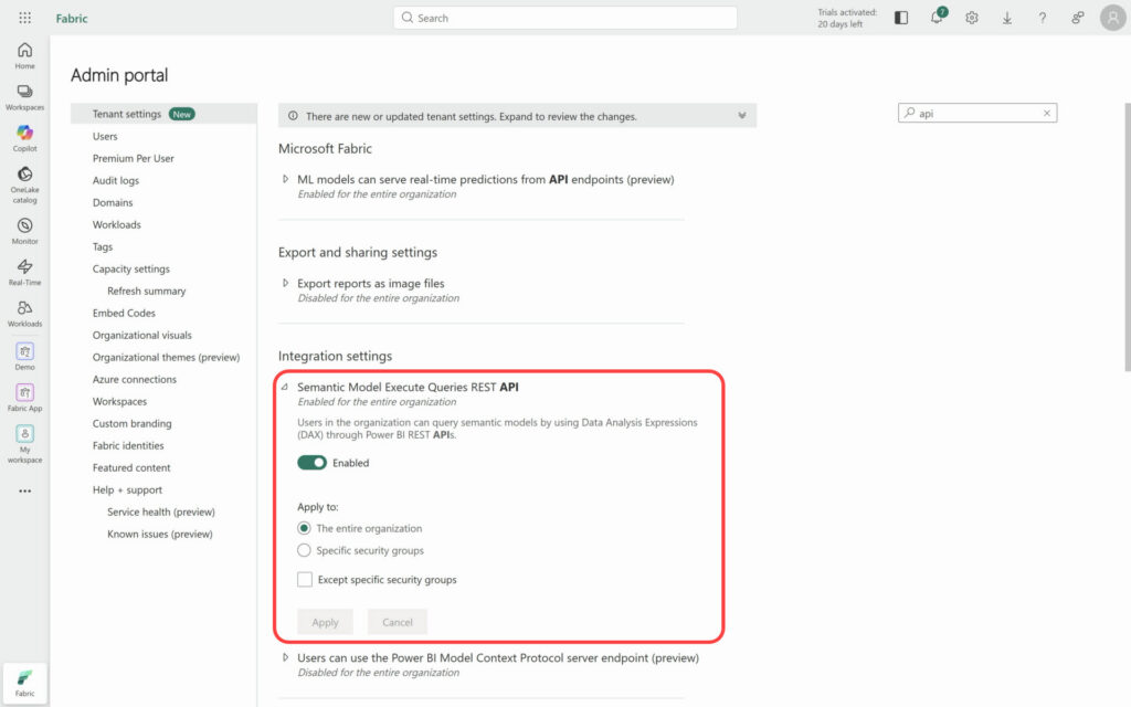 Semantic Model Execute Queries REST API enabled under Integration settings in the Fabric Admin Portal