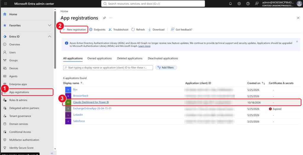 Microsoft Entra App registrations with App registrations, New registration and the Claude Dashboard for Power BI application highlighted