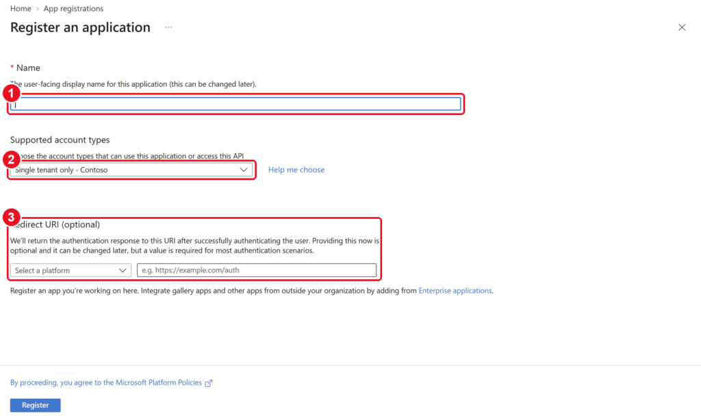 Register an application page with the Name, Single tenant only account type and Redirect URI sections highlighted