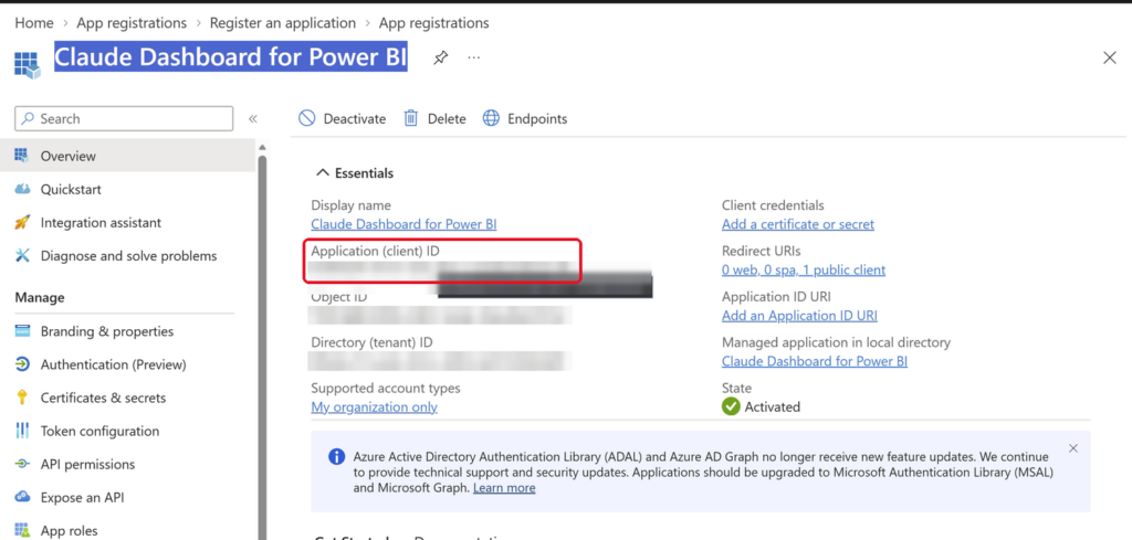The Entra application overview with the Application (client) ID highlighted