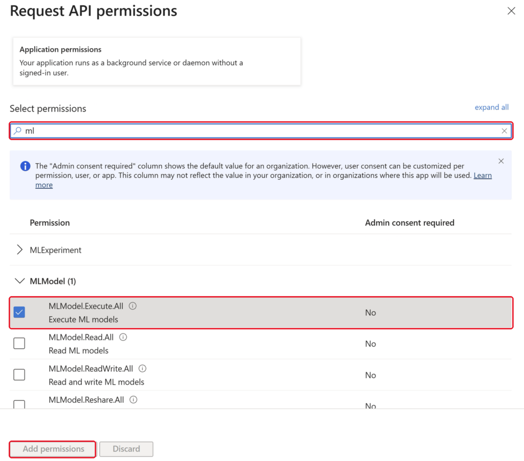 Request API permissions pane with the search box, MLModel.Execute.All and Add permissions highlighted