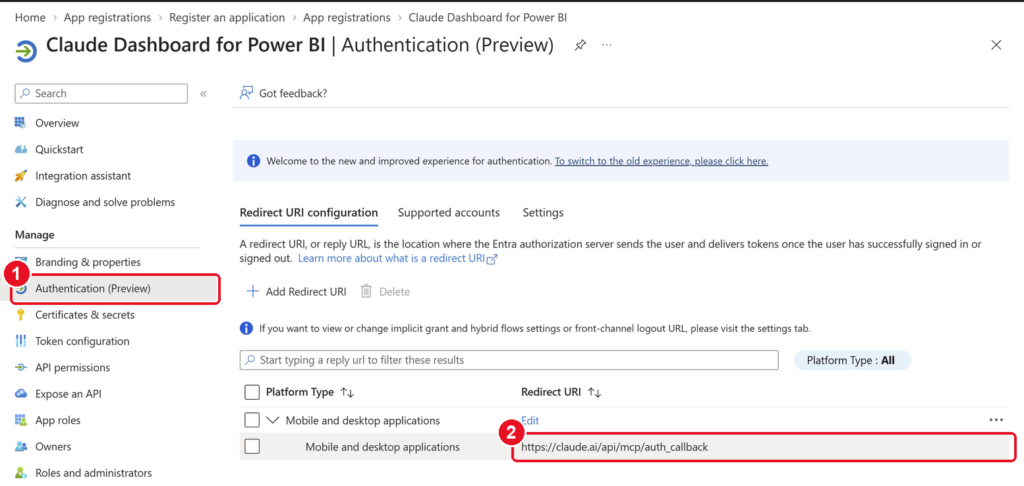 Entra Authentication (Preview) page with the claude.ai MCP auth callback redirect URI highlighted