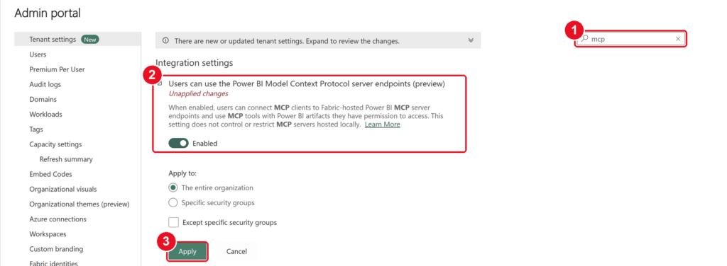 Fabric Admin Portal search for MCP with the Power BI Model Context Protocol server endpoints setting enabled and the Apply button highlighted