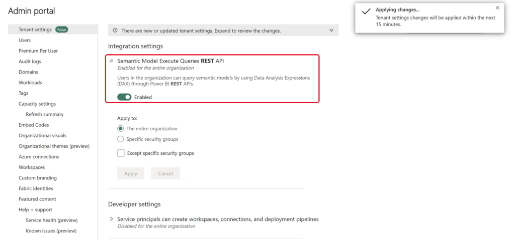 Fabric Admin Portal with the Semantic Model Execute Queries REST API setting enabled