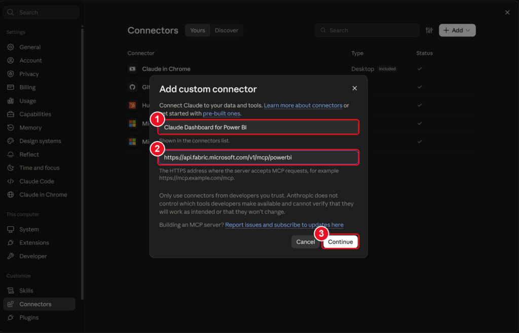 Claude Add custom connector dialog with the connector name, the Power BI MCP server URL and Continue highlighted