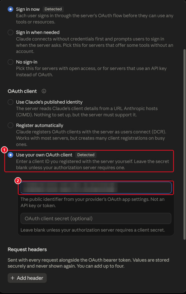 Claude connector OAuth client options with Use your own OAuth client and the pasted client ID highlighted