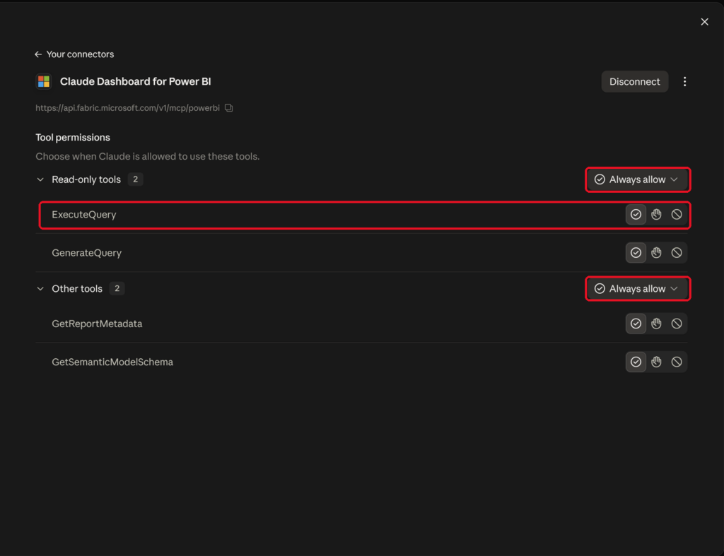 Claude connector tool permissions with ExecuteQuery and the Always allow settings highlighted