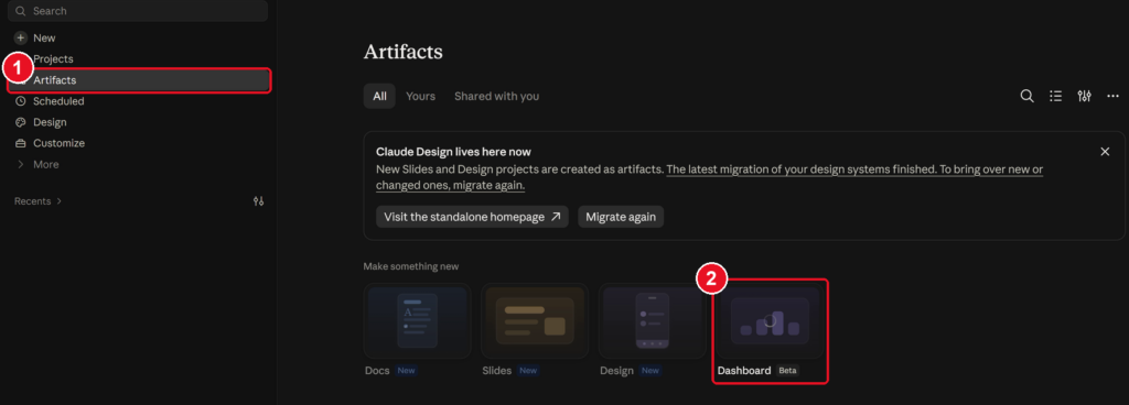 Claude Artifacts page with Artifacts and the Dashboard (beta) option highlighted