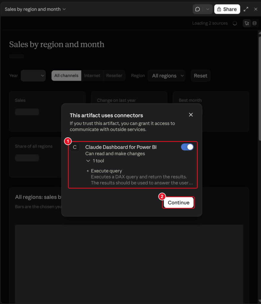 This artifact uses connectors dialog with the Claude Dashboard for Power BI connector, Execute query tool and Continue highlighted