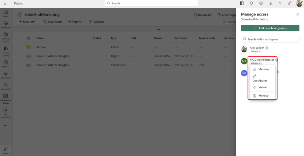 Fabric workspace Manage access pane with the MOD Administrator role menu and Remove option highlighted