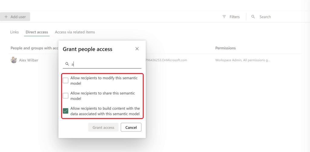 Grant people access dialog with modify and share unticked and build ticked