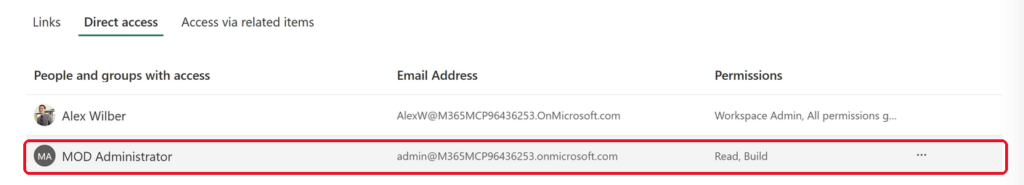 Semantic model Direct access list showing the connector account with Read, Build permissions