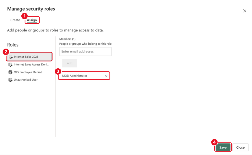 Manage security roles Assign tab with Internet Sales 2026, the MOD Administrator member and Save highlighted