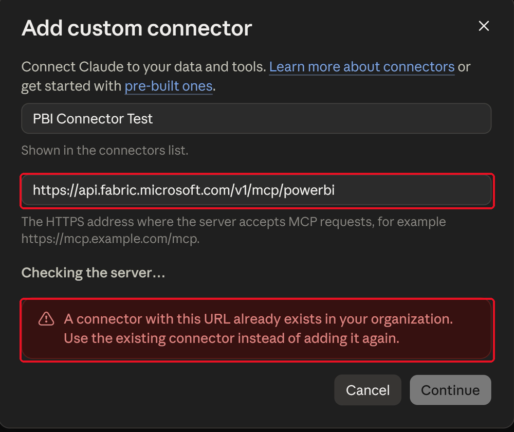 Add custom connector dialog with the duplicate Power BI MCP URL and the error message highlighted