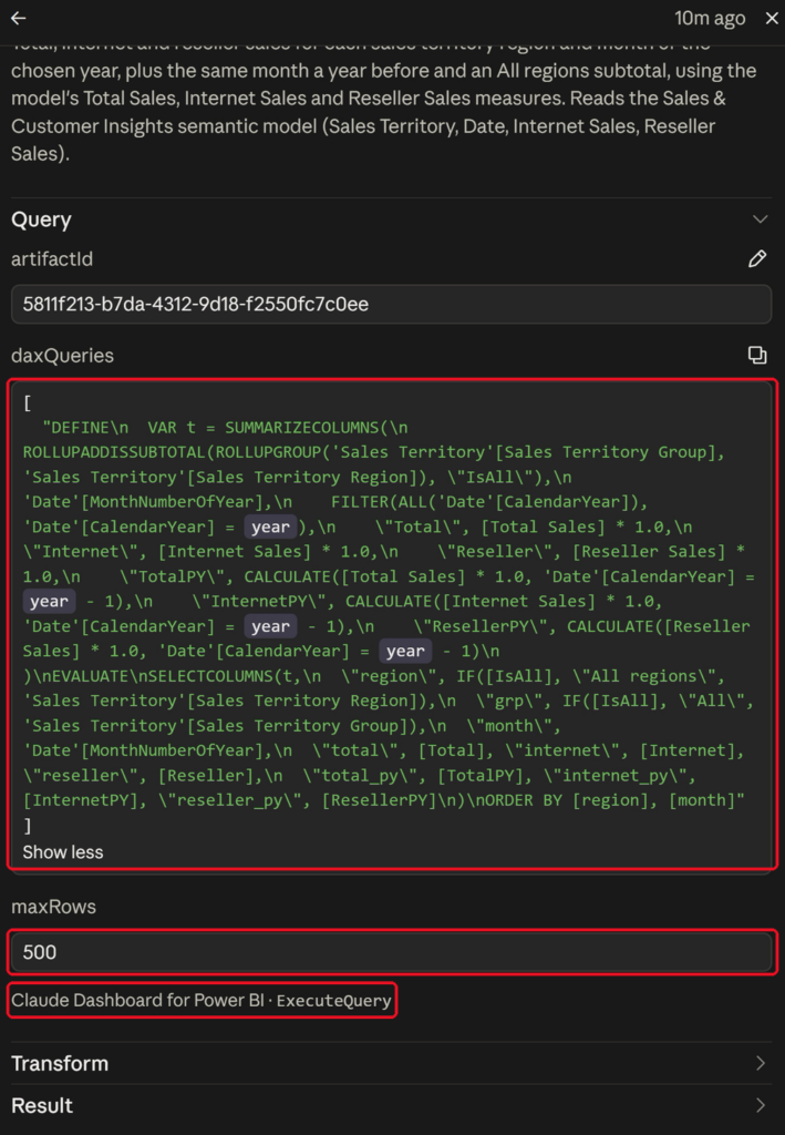 Source details showing the generated DAX query, maxRows set to 500 and the ExecuteQuery tool