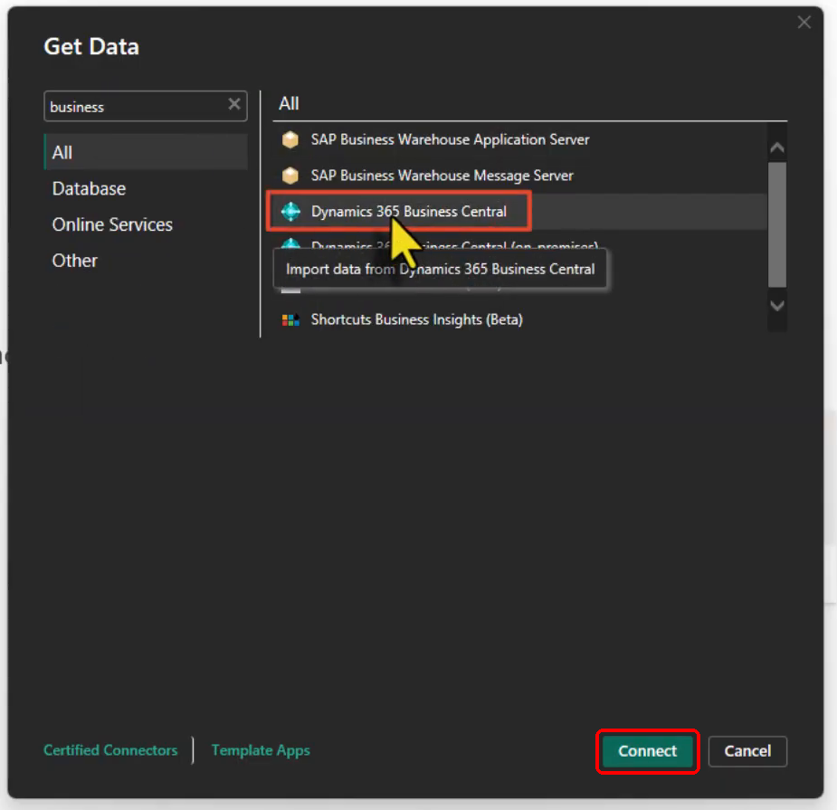 The Business Central connector selected in Power BI Desktop
