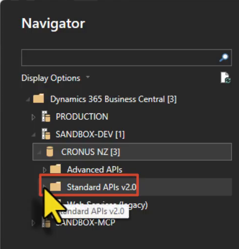 Business Central Navigator with Standard APIs v2.0 highlighted