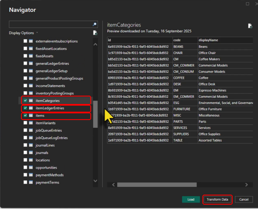 Navigator with itemCategories, itemLedgerEntries, items and Transform Data highlighted