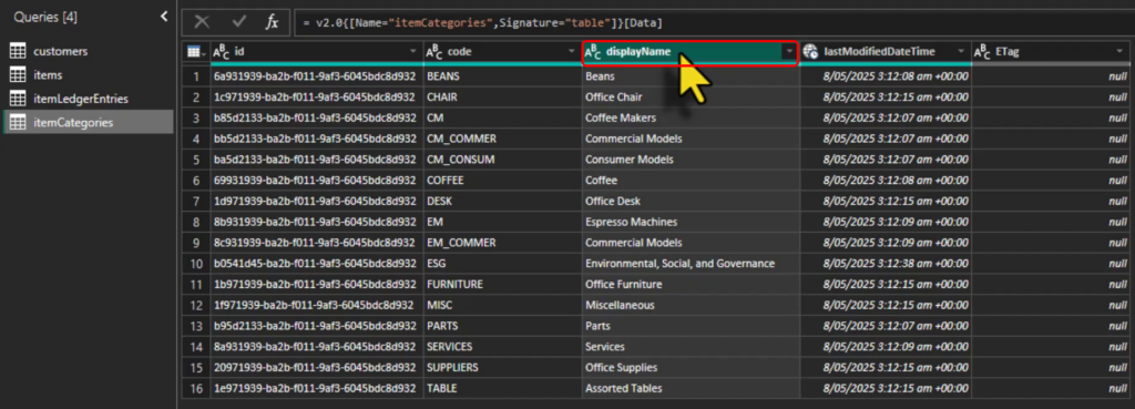 Business Central itemCategories query with displayName highlighted