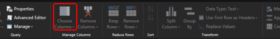 Power Query ribbon with Choose Columns highlighted