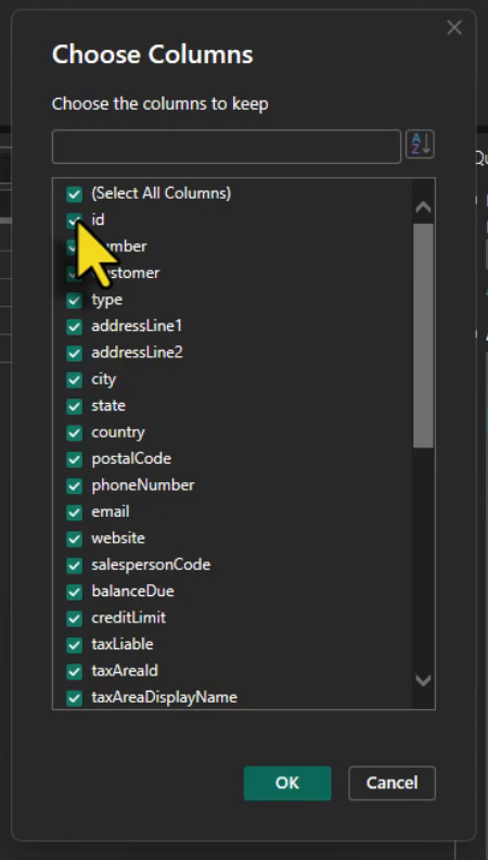 Power Query Choose Columns dialog for customers