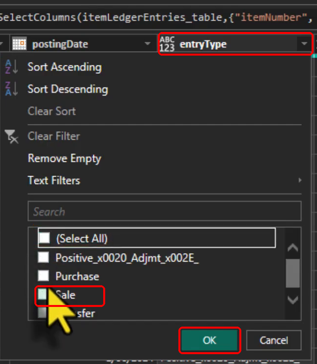 Power Query entryType filter with Sale and OK highlighted