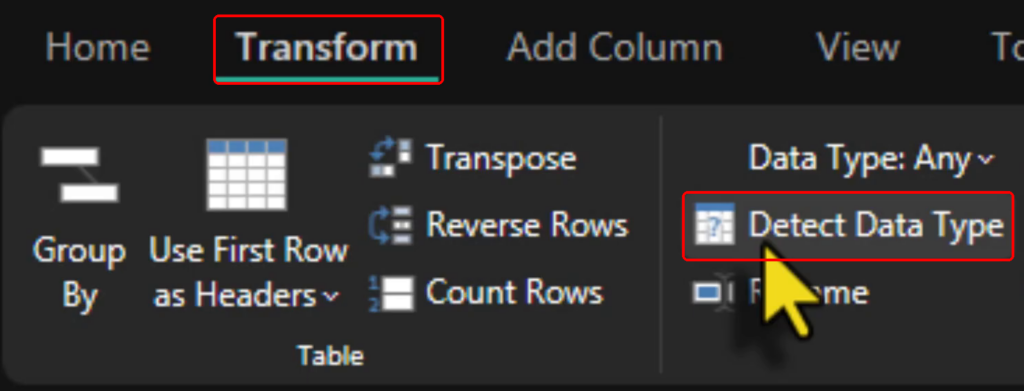 Power Query Transform ribbon with Detect Data Type highlighted
