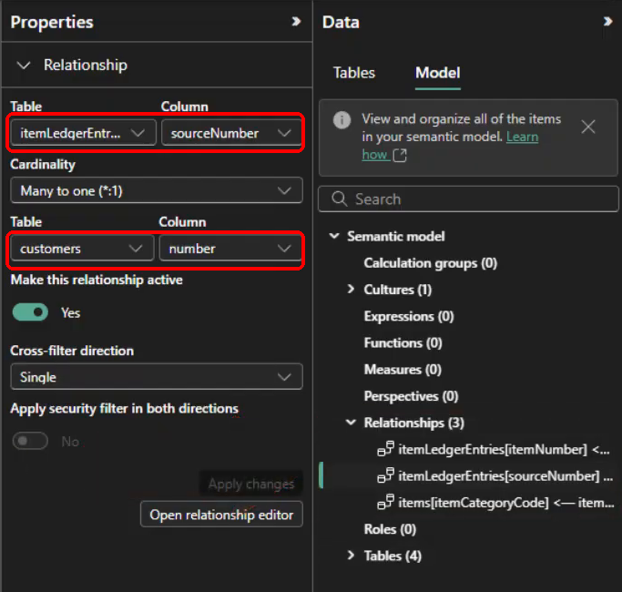 Power BI relationship properties showing sourceNumber and customer number