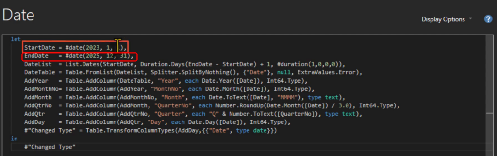 Power Query Date table M code with the start and end dates highlighted