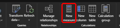 Power BI Desktop ribbon with New measure highlighted