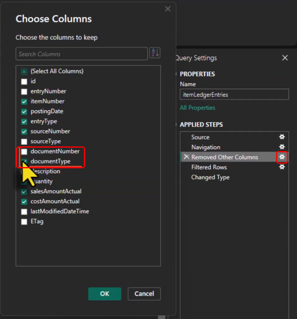 Power Query column-selection dialog with required document fields and the Applied Steps gear highlighted