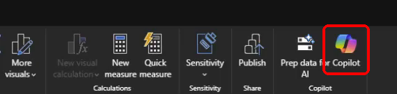 Power BI Desktop ribbon with Copilot highlighted